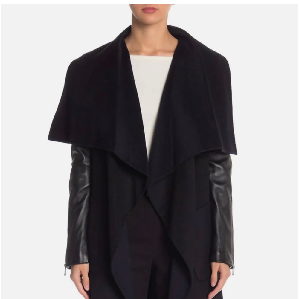 Brand new BCBG black coat with leather sleeves. Assorted sizes.